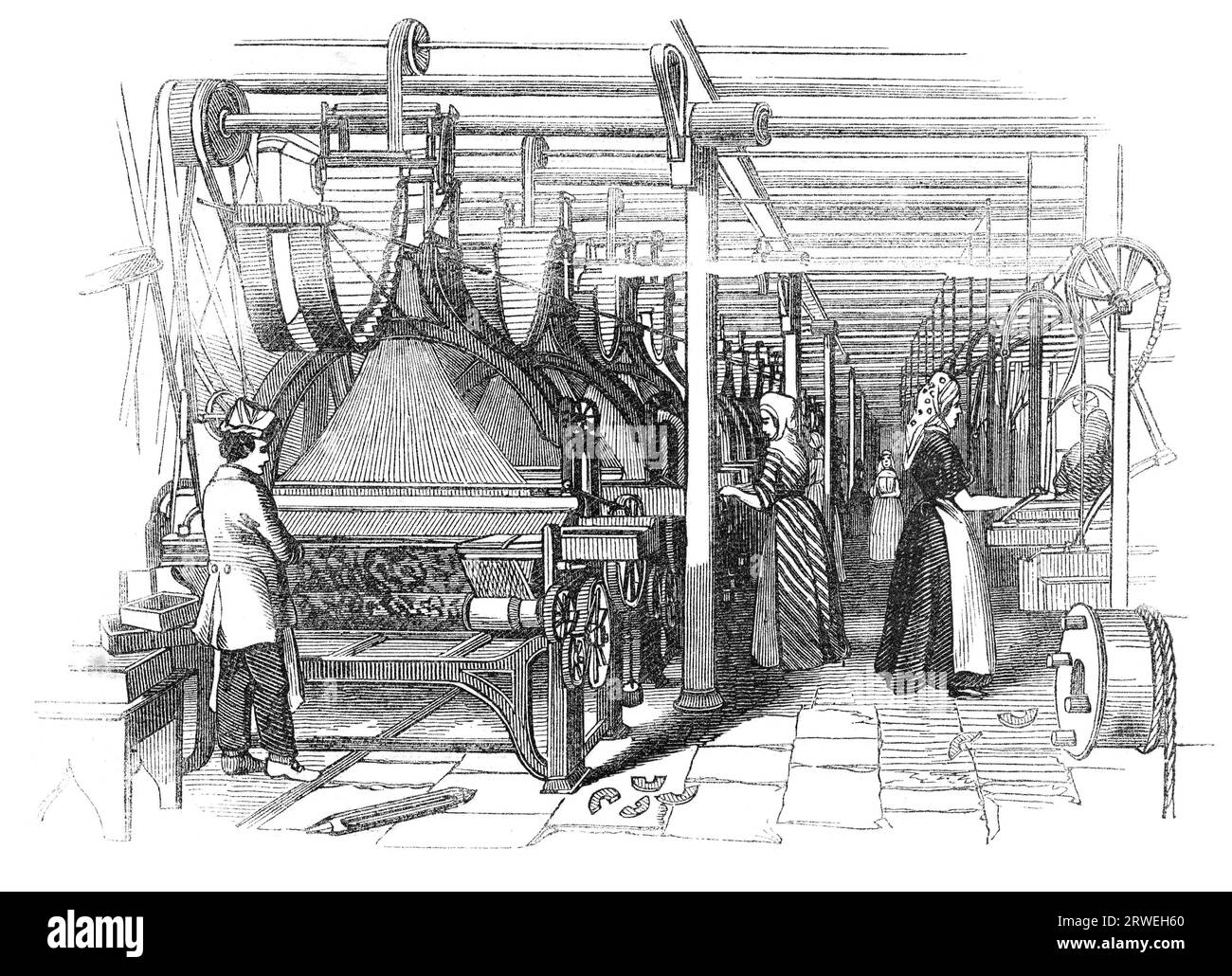 Un giorno alle fabbriche di Yorkshire Worsted: Jacouard Weaving Shed, Akroyds Worsted Factory. Illustrazione di una rivista inglese stampata nel 1844 Foto Stock