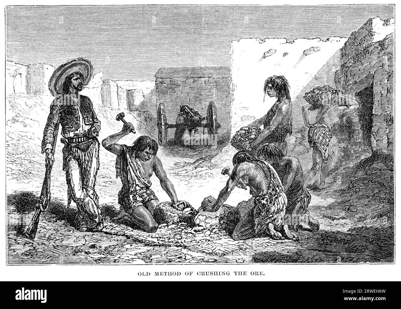 Vecchio metodo di schiacciare il minerale in una miniera d'argento, apparentemente usando il lavoro degli schiavi. Originariamente pubblicato su Harper's New Monthly Magazine dicembre 1878 Foto Stock