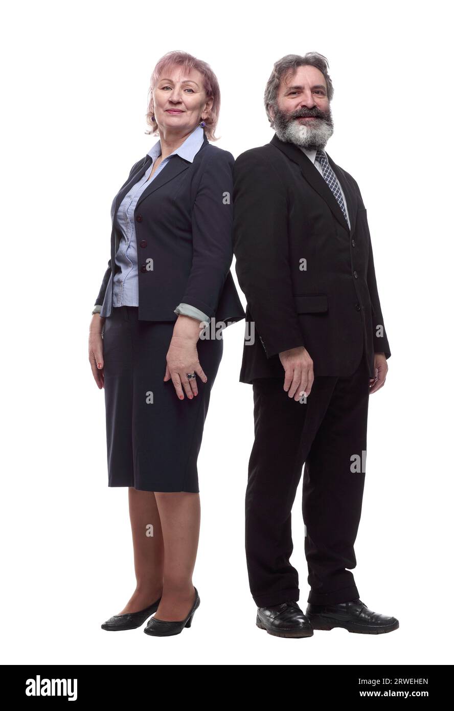 uomo d'affari e donna d'affari che mostrano pollici in su. isolato su un bianco Foto Stock