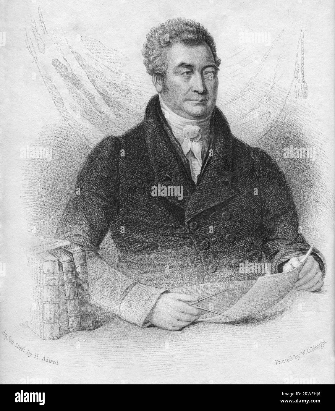 Peter Nicholson (1765-1844) è stato un architetto, matematico e ingegnere scozzese. Incisione in acciaio dalla rivista Mechanics 1825 Foto Stock