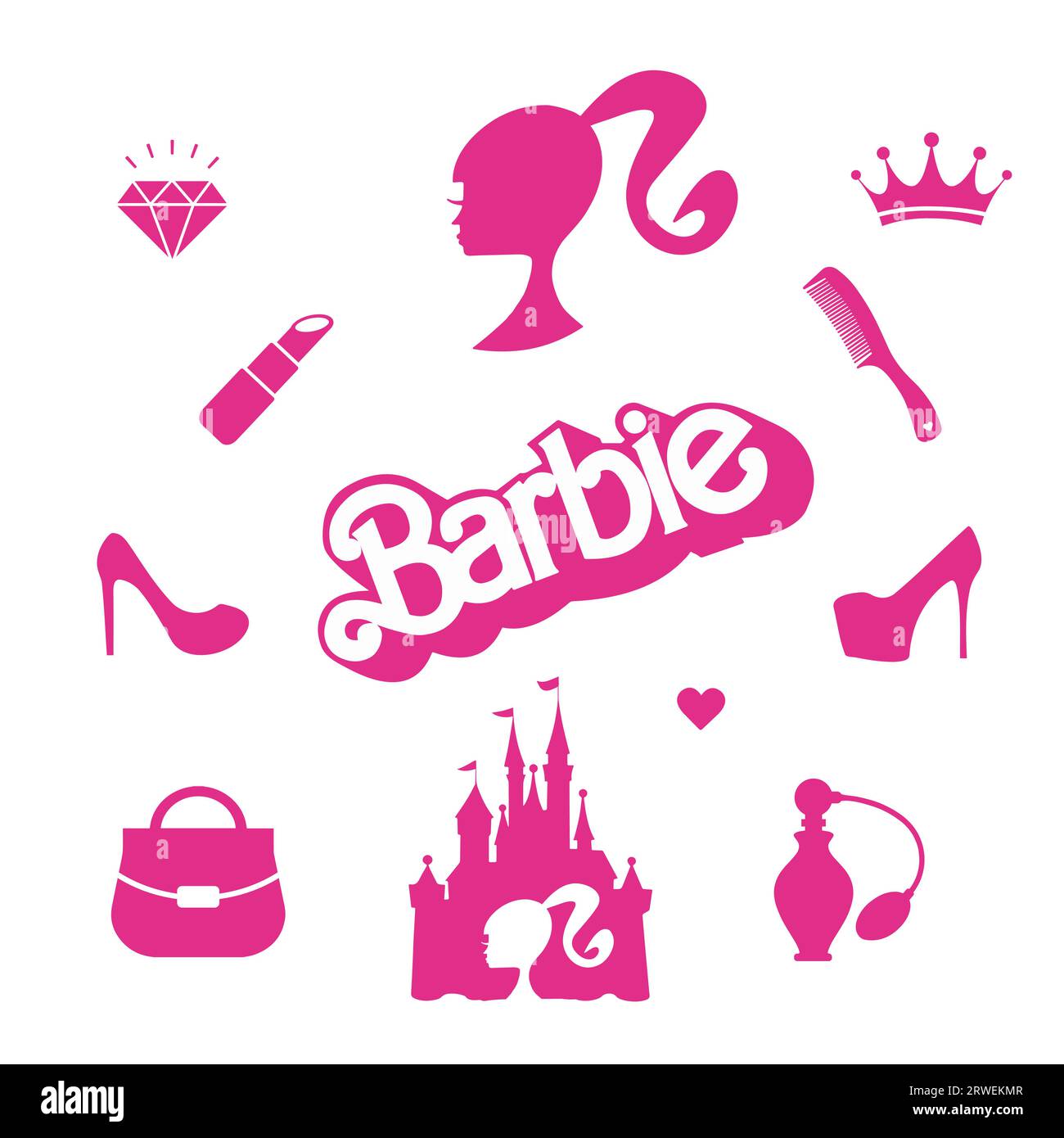Collezione di accessori Barbie. Illustrazione vettoriale editoriale in stile piatto. Icone rosa alla moda Illustrazione Vettoriale