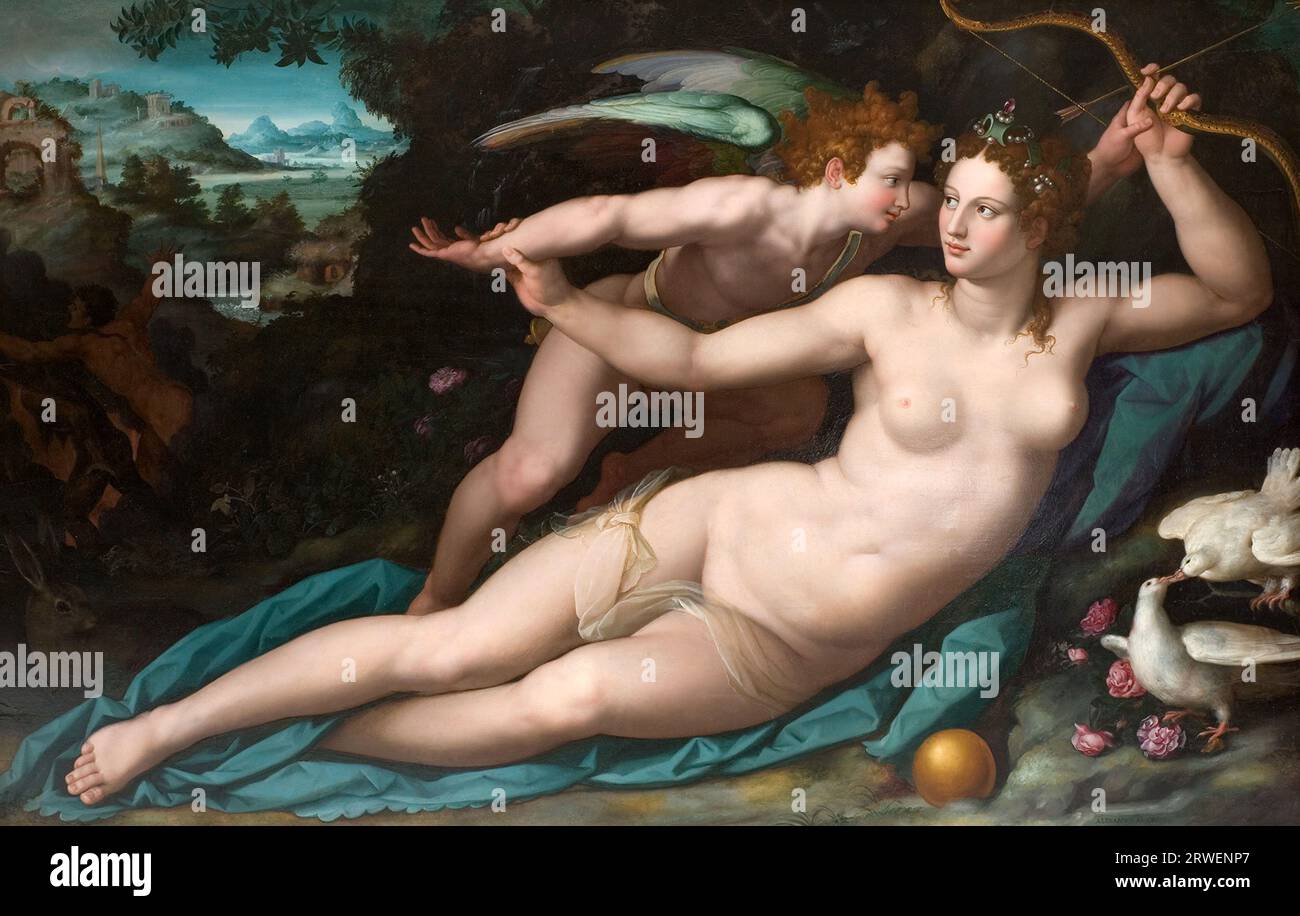 Venere disarma Cupido, Cupido, Pittura di Alessandro Allori, storica riproduzione restaurata digitalmente da un originale del XIX secolo. Foto Stock