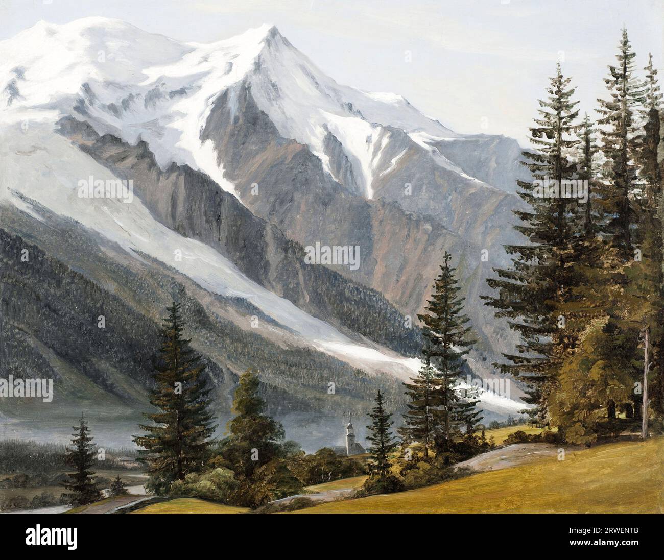 Veduta del Monte bianco da Chamonix, c. 1834, dipinto di Martinus Rorbye, storica riproduzione restaurata digitalmente da un originale del XIX secolo. Foto Stock