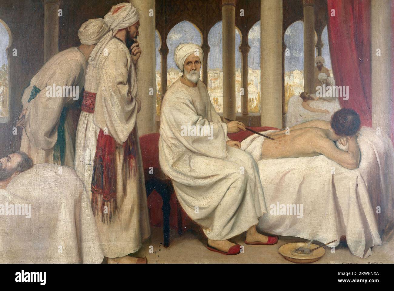 Albucasis che si prende cura di un paziente all'ospedale di Cordova. Pittura ad olio di Ernest Board. Albucasis (Abul-Qasim Khalaf ibn Abbas al-Zahrawi) nacque nel X secolo vicino a Cordova e morì intorno al 1013 d.C. il suo trattato sulla chirurgia è particolarmente noto per la sua descrizione della cauterizzazione, storica, riproduzione restaurata digitalmente da un originale del XIX secolo Foto Stock