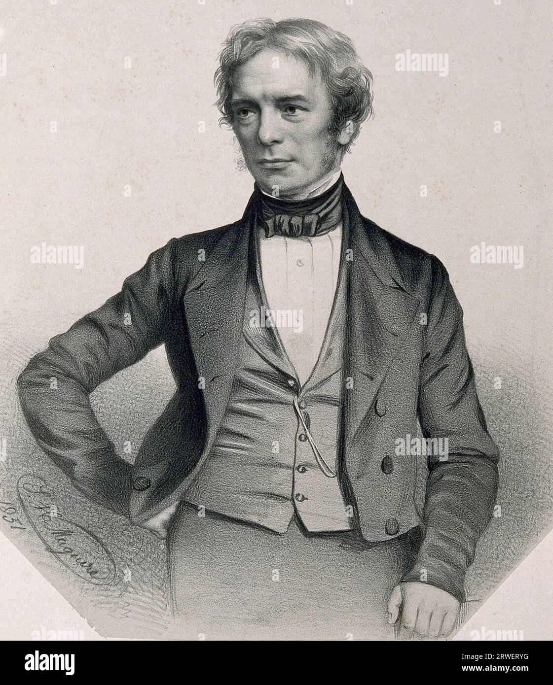 Michael Faraday (22 settembre 1791 - 25 agosto 1867) è stato un naturalista inglese considerato uno dei più importanti fisici sperimentali, storica riproduzione digitalmente restaurata di un originale di quel periodo Foto Stock