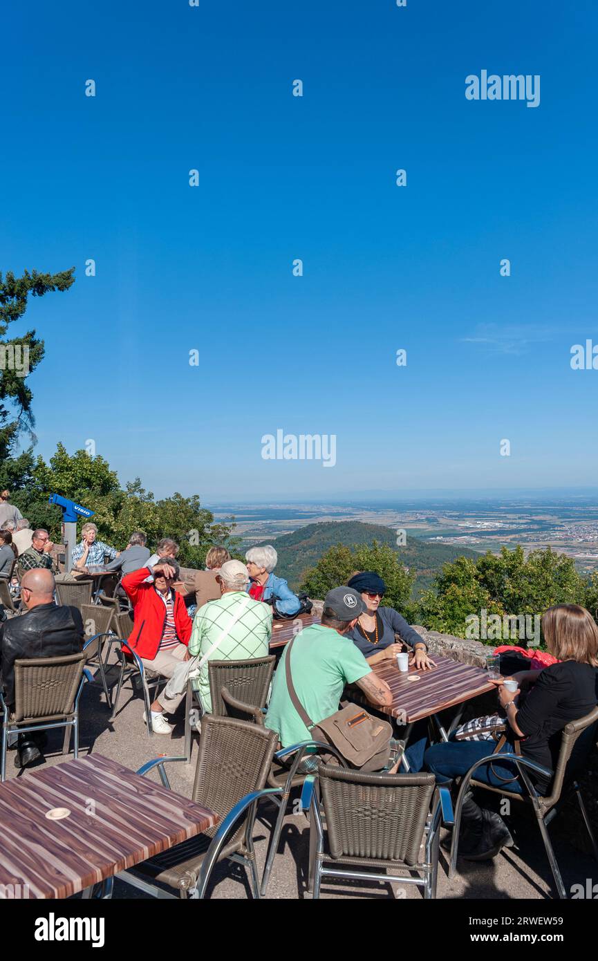 I turisti si trovano in un punto panoramico di fronte al castello di Haut Koenigsbourg. Sullo sfondo pianura dell'alto Reno e paesaggio collinare della Foresta Nera, Orschwiller, ALSA Foto Stock
