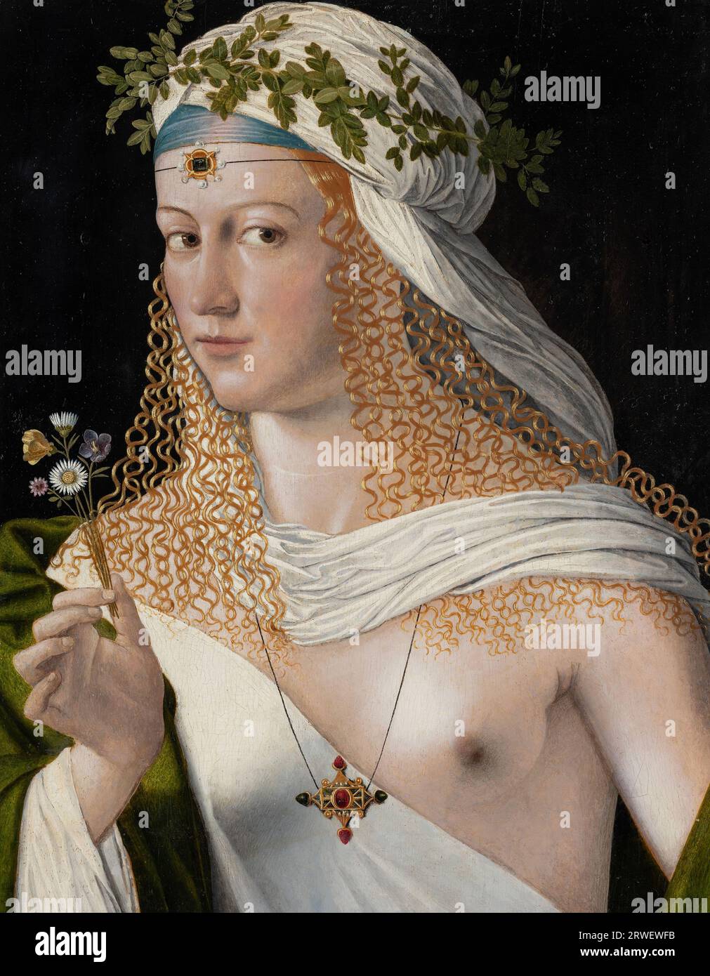 Ritratto idealizzato di una giovane donna come Flora, la dea della fioritura e della primavera nella mitologia romana, 1520, dipinto di Bartolomeo Veneto, storica, riproduzione restaurata digitalmente da un originale ottocentesco. Foto Stock