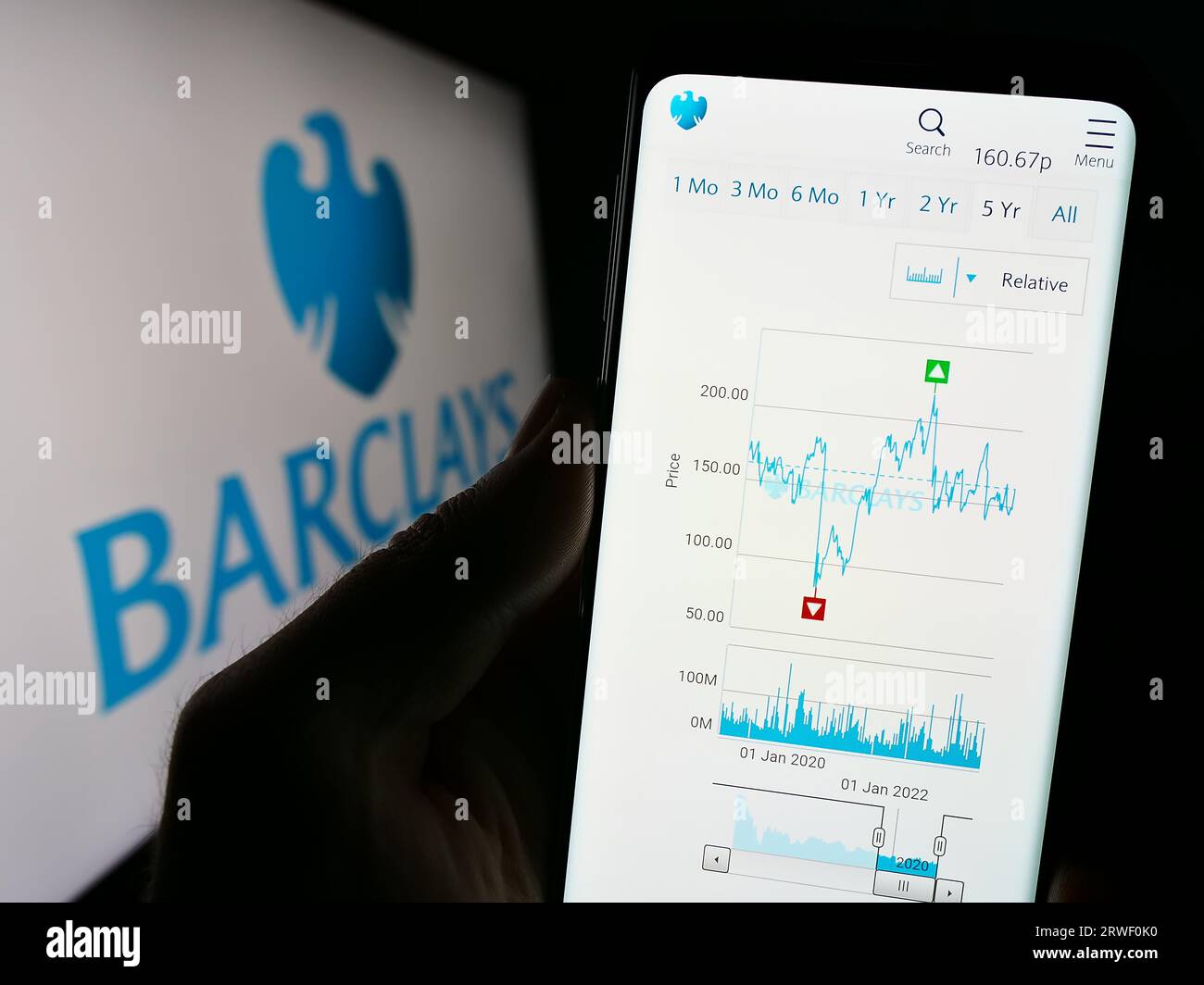 Persona in possesso di cellulare con pagina web della banca universale britannica Barclays plc sullo schermo davanti al logo dell'azienda. Concentrarsi sul centro del display del telefono. Foto Stock