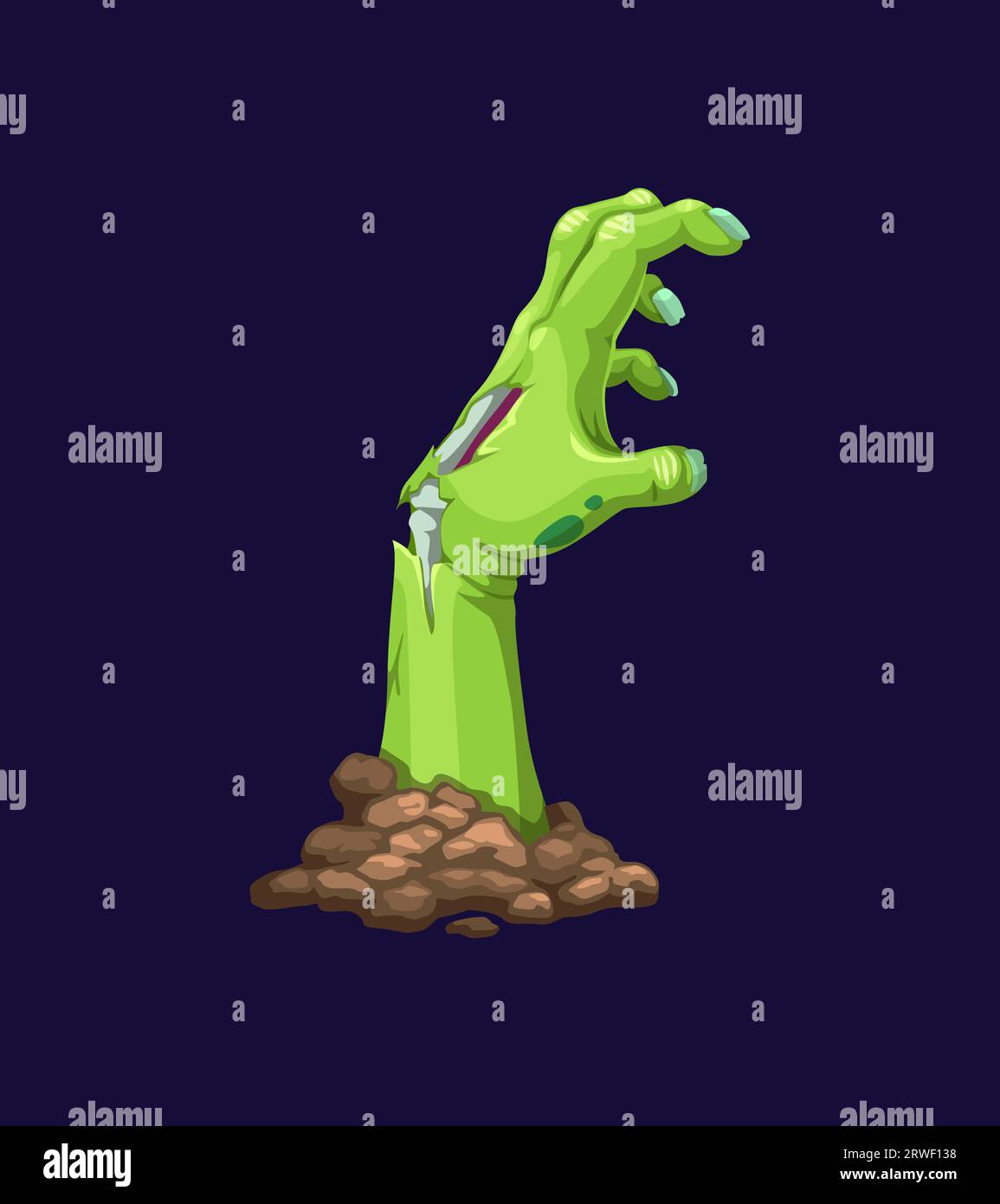 La mano zombie dalla tomba o il braccio del cadavere morto per le vacanze horror di Halloween, il mostro dei cartoni animati vettoriali. Una mano storta di zombie che esce dalla tomba con ossa e unghie marcite verdi sul cimitero Illustrazione Vettoriale