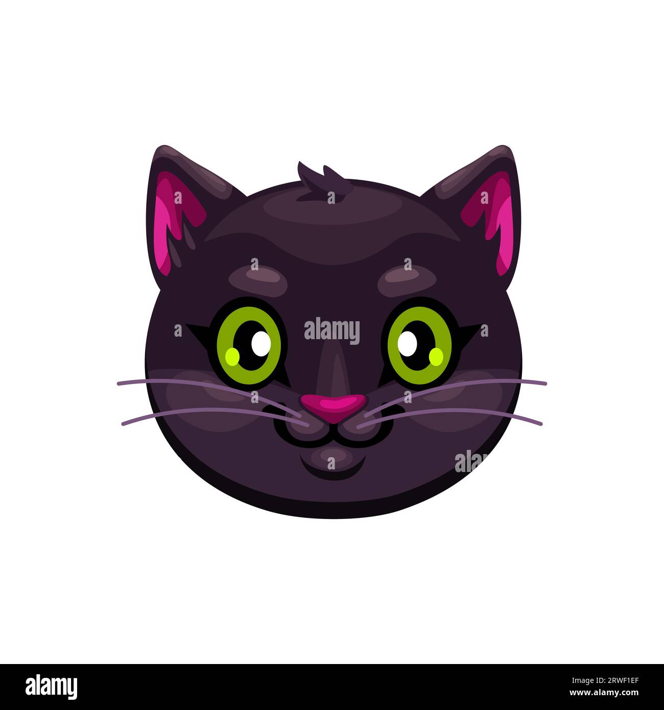 L'emoji del gatto nero di Halloween raffigura un elegante viso felino con un cappotto scuro e accattivanti occhi verdi. Emoticon isolato della testa di animale vettoriale associato a superstizione e Hallowmas Holiday Illustrazione Vettoriale