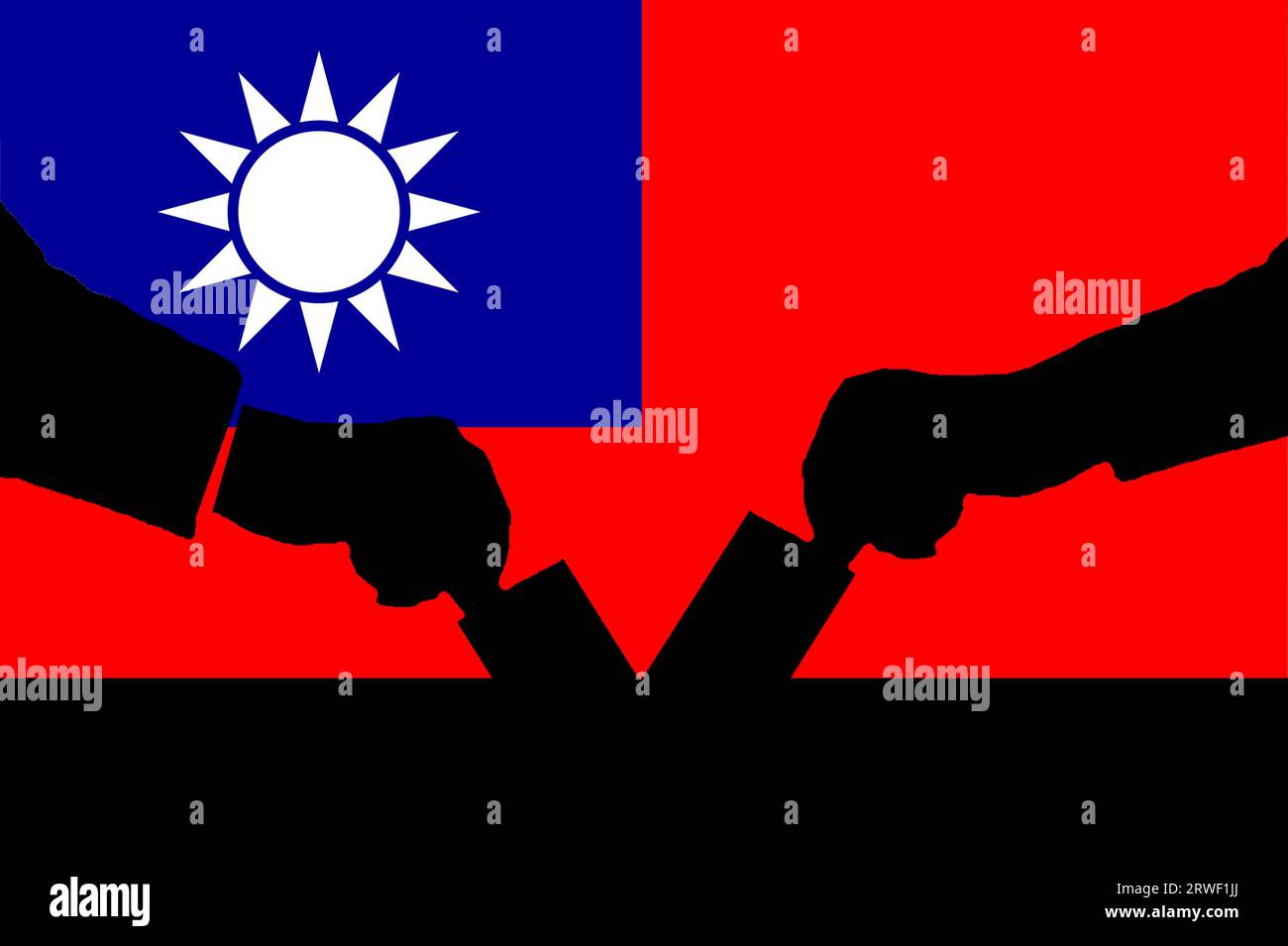 Combinazione di sagoma bandiera e voto elettorale di Taiwan. Descrivere la situazione elettorale e i risultati a Taiwan nel 2024. Mappa di base e concetto di sfondo Foto Stock