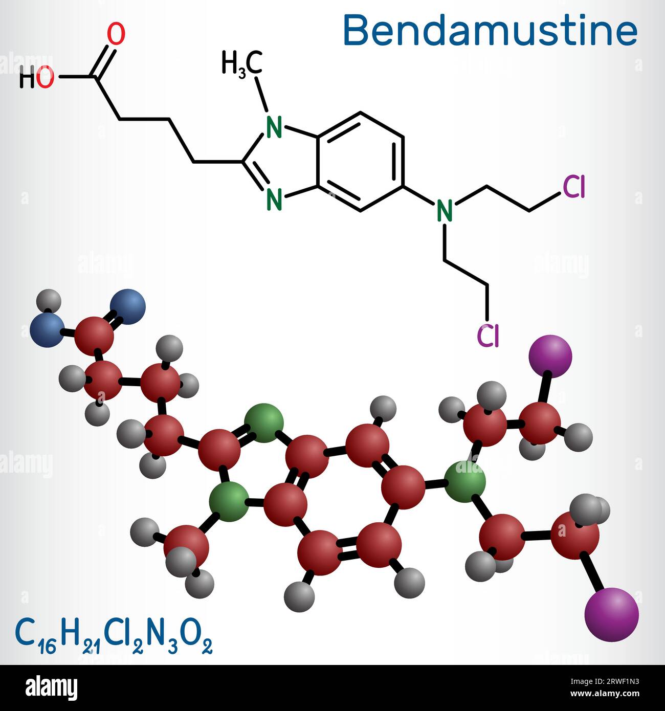 Molecola bendamustina. È un agente alchilante, utilizzato nel trattamento della leucemia linfocitica. Formula chimica strutturale, modello molecolare. Illustrazione vettoriale Illustrazione Vettoriale