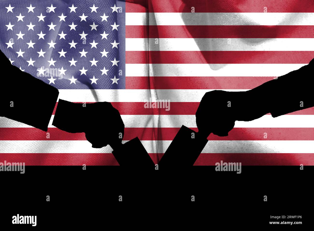 Bandiera americana e composizione della silhouette del voto elettorale. Descrivere la situazione e i risultati delle elezioni negli Stati Uniti del 2024. Mappa di base e concetto di sfondo Foto Stock