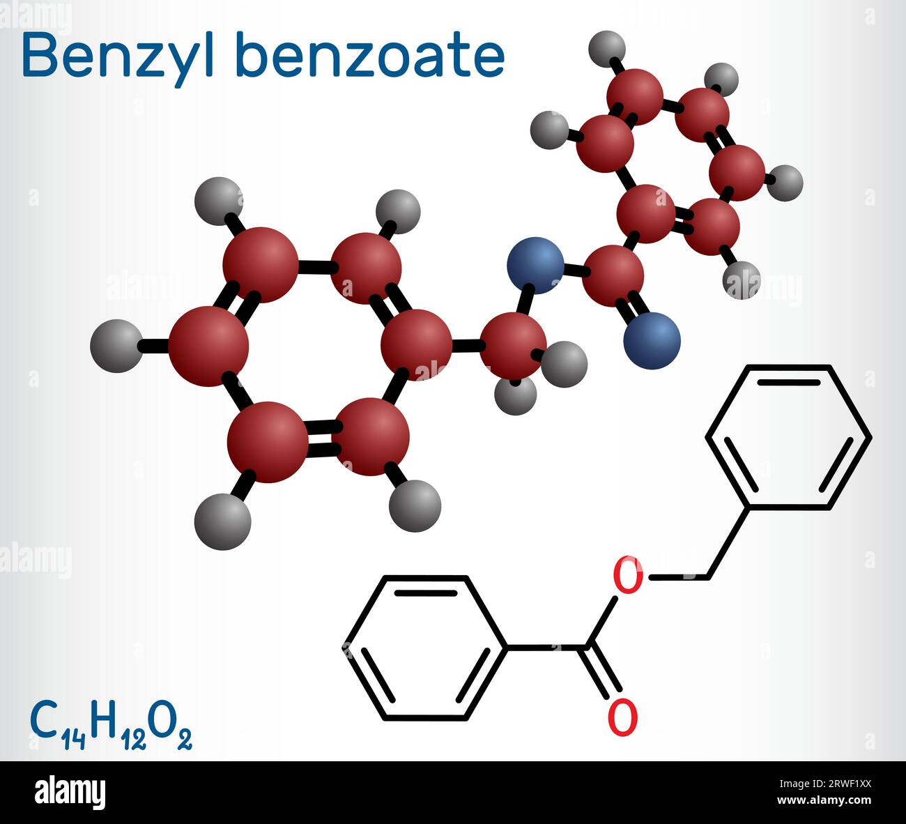 Molecola benzoato di benzile. È un trattamento topico per scabbia e pidocchi. Formula chimica strutturale, modello molecolare. Illustrazione vettoriale Illustrazione Vettoriale