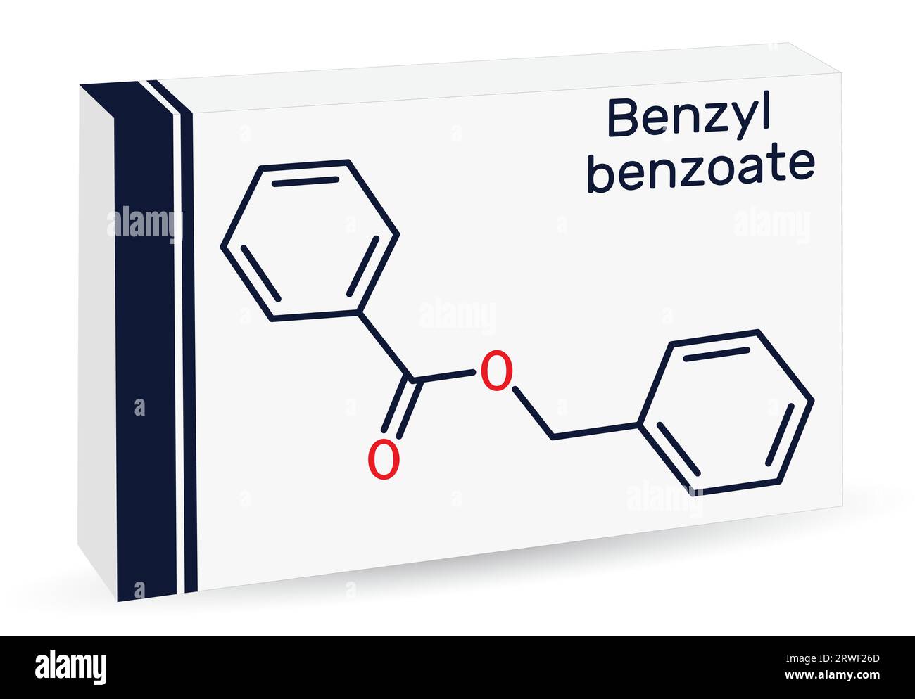 Molecola benzoato di benzile. È un trattamento topico per scabbia e pidocchi. Formula chimica scheletrica. Imballaggi di carta per farmaci. Illustrazione vettoriale Illustrazione Vettoriale