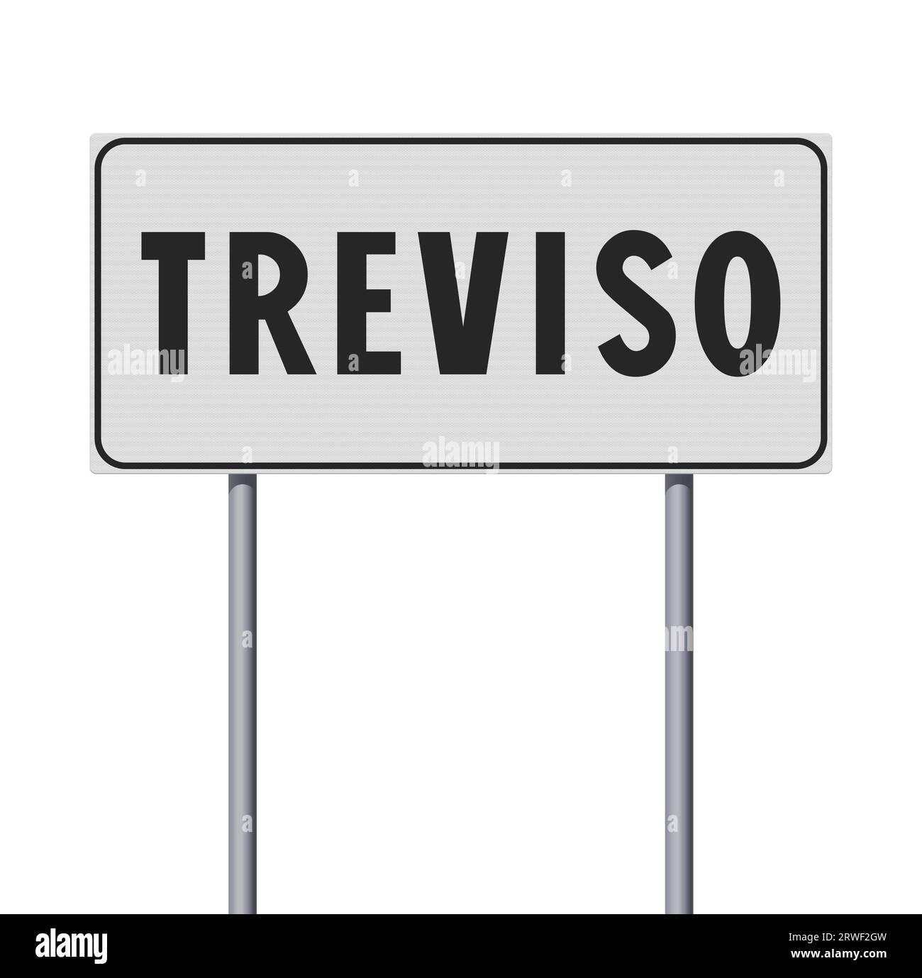 Illustrazione vettoriale del cartello stradale bianco d'ingresso della città di Treviso su pali metallici Illustrazione Vettoriale