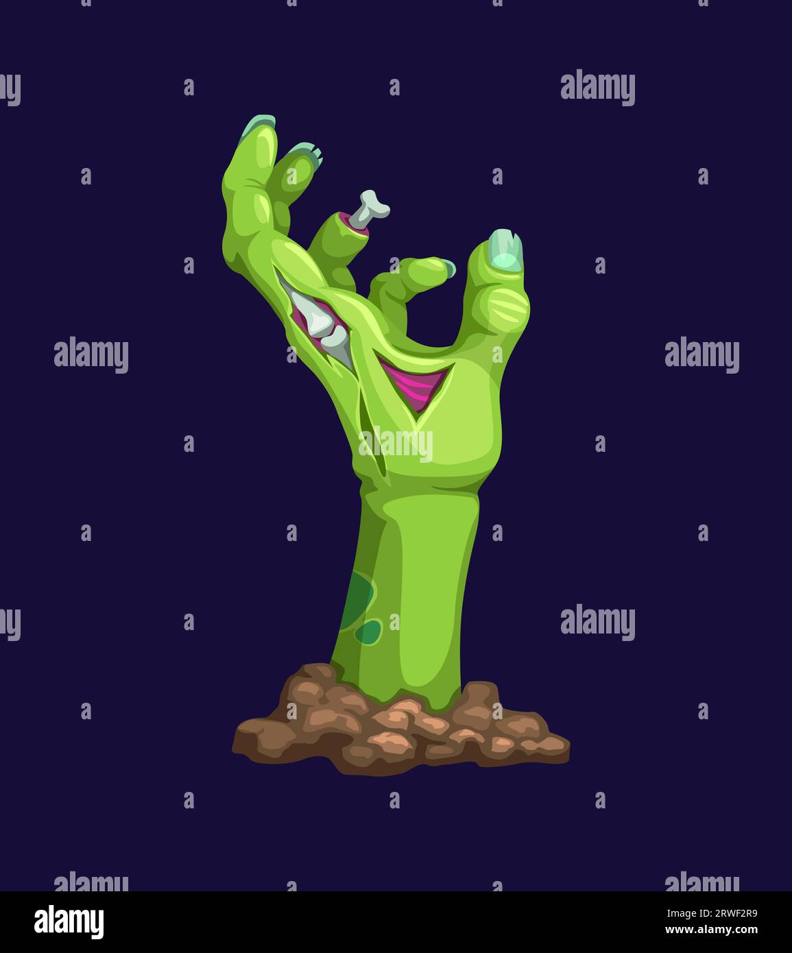 La mano zombie dalla tomba o il braccio del cadavere non morto di Halloween per le vacanze horror, il vettore dei cartoni animati. Mano morta di zombie che si allunga dalla tomba con ossa marciume verdi, dita storte e unghie sul cimitero Illustrazione Vettoriale