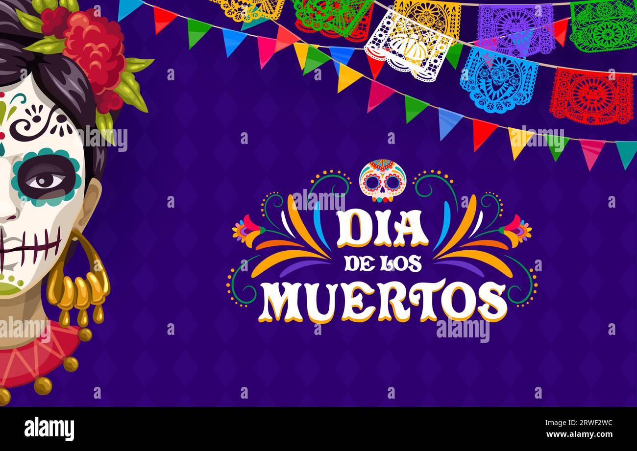 Day of Dead o bandiera di vacanza dia De Los Muertos con bandiere Catrina e papel picado garland, sfondo vettoriale. festa natalizia messicana con teschio di calavera e ornamento floreale di fiori di etnia latina Illustrazione Vettoriale
