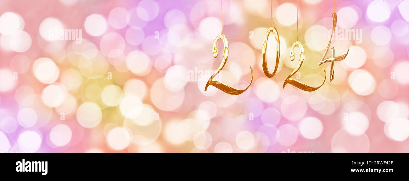Capodanno 2024 numeri d'oro su sfondo panoramico colorato con luci di festa bokeh sfocate Foto Stock