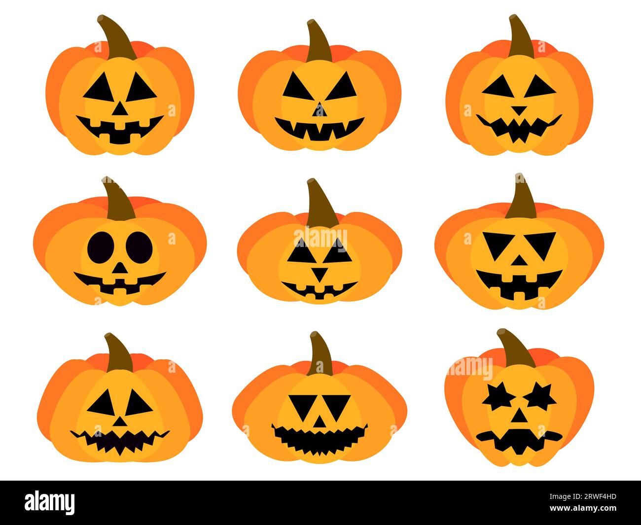 Zucche di Halloween su sfondo bianco. Faccia di zucca scolpita ad Halloween. Buon Halloween 31 ottobre, trucco o regalo. Jack-o-lantern. Design per pr Illustrazione Vettoriale