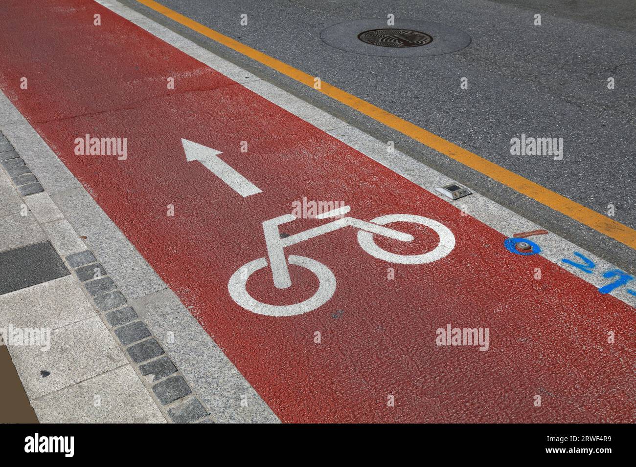 Pista ciclabile in una strada cittadina di Seoul, Corea del Sud. Infrastrutture di trasporto a Seoul. Foto Stock