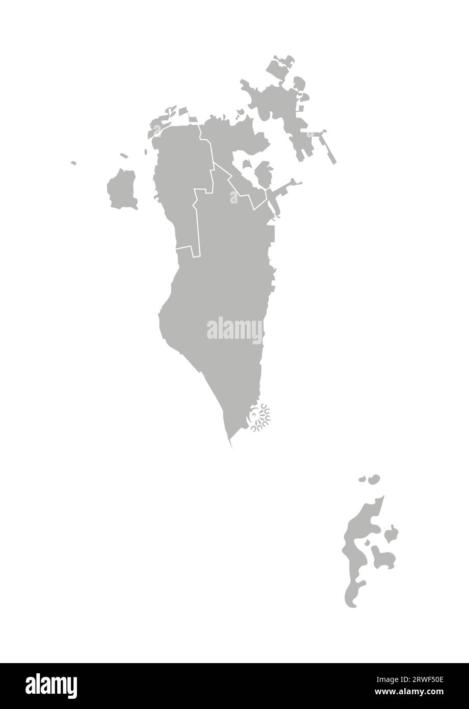 Illustrazione vettoriale isolata della mappa amministrativa semplificata del Bahrein. Confini dei governatorati (regioni). Silhouette grigie. Contorno bianco. Illustrazione Vettoriale