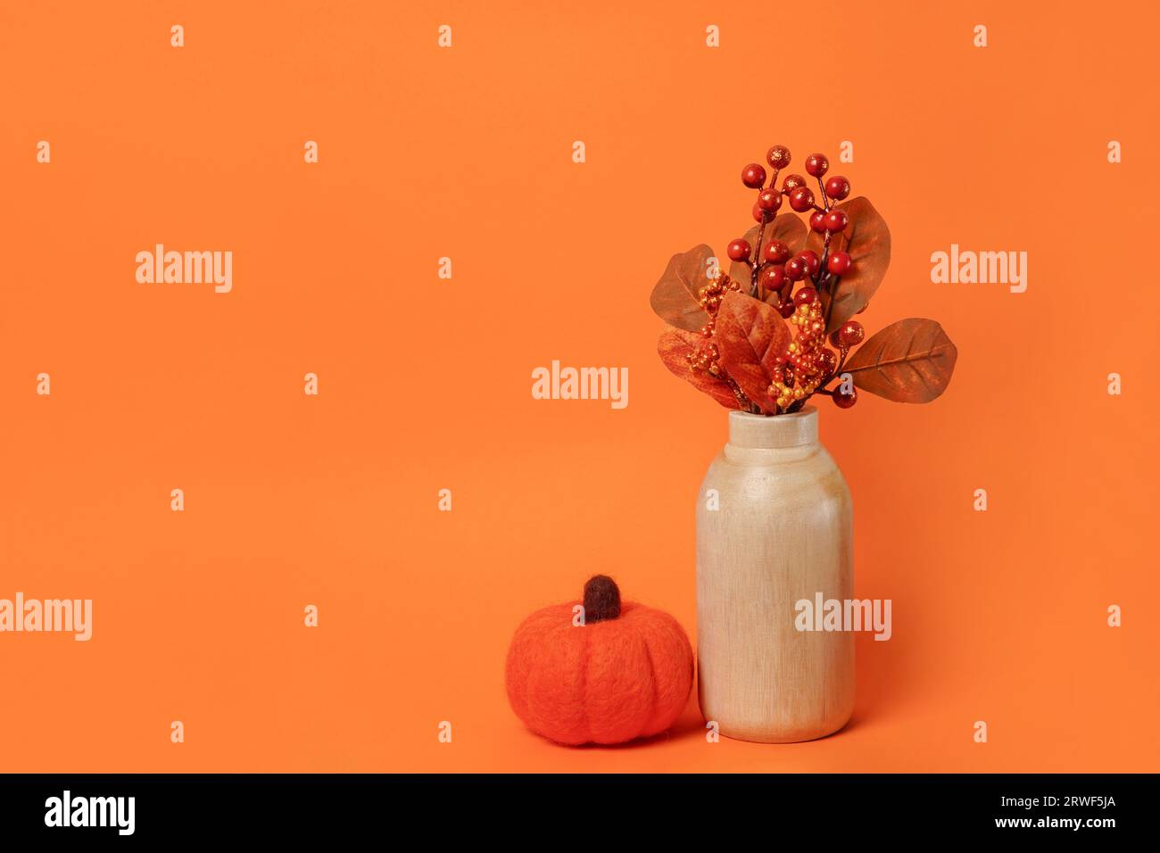 Interni per la casa, decorazioni autunnali zucca e fiori nel vaso su sfondo arancione Foto Stock