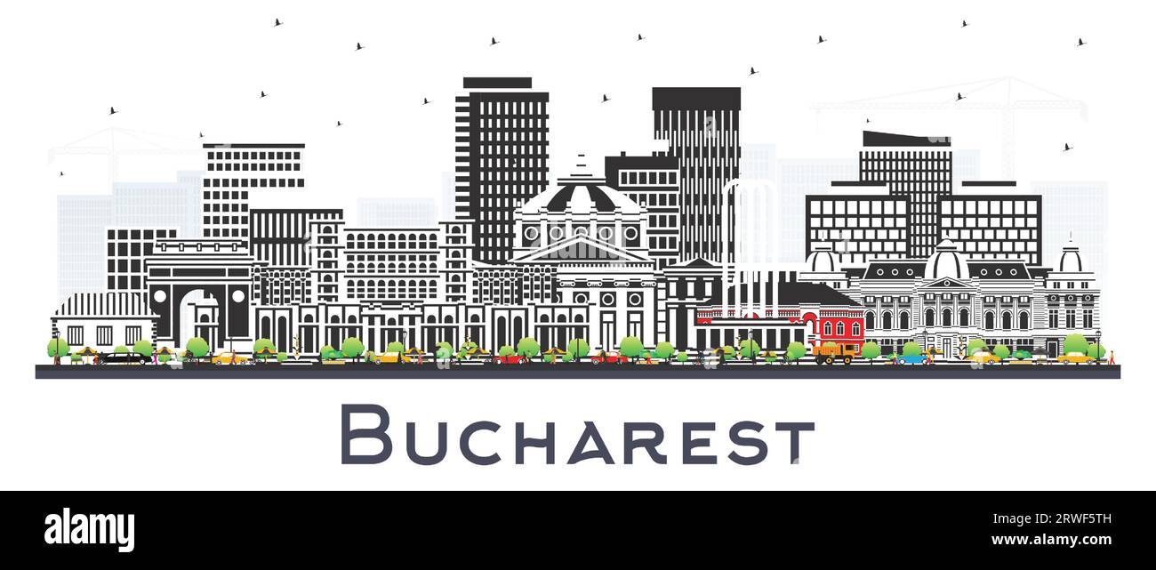Bucarest Romania skyline con edifici colorati isolati su bianco. Illustrazione vettoriale. Paesaggio urbano di Bucarest con monumenti storici. Illustrazione Vettoriale