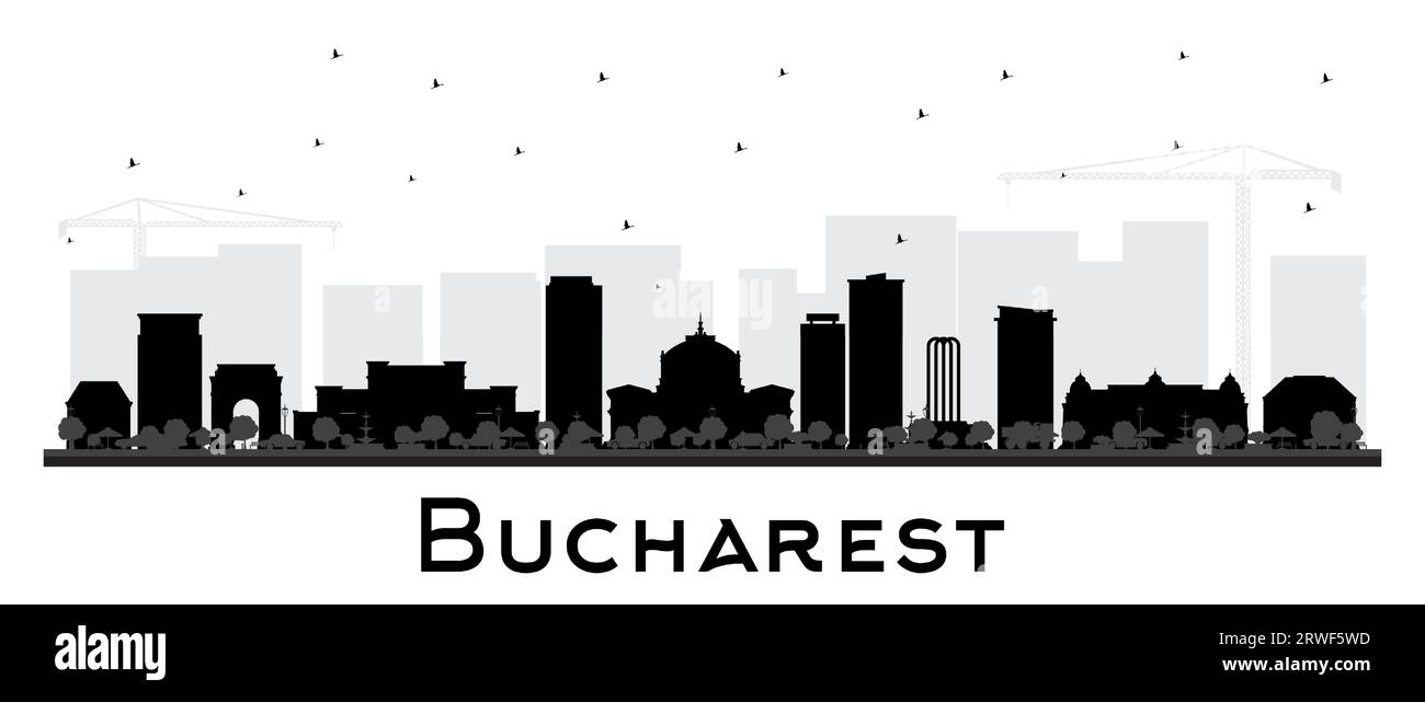 Bucarest Romania City Skyline silhouette con edifici neri isolati su bianco. Illustrazione vettoriale. Paesaggio urbano di Bucarest con monumenti storici. Illustrazione Vettoriale