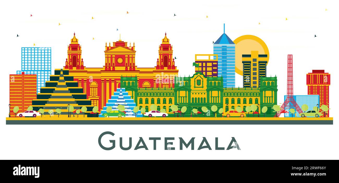 Skyline di città del Guatemala con edifici colorati isolati su bianco. Illustrazione vettoriale. Business Travel and Tourism Concept con architettura moderna. Illustrazione Vettoriale