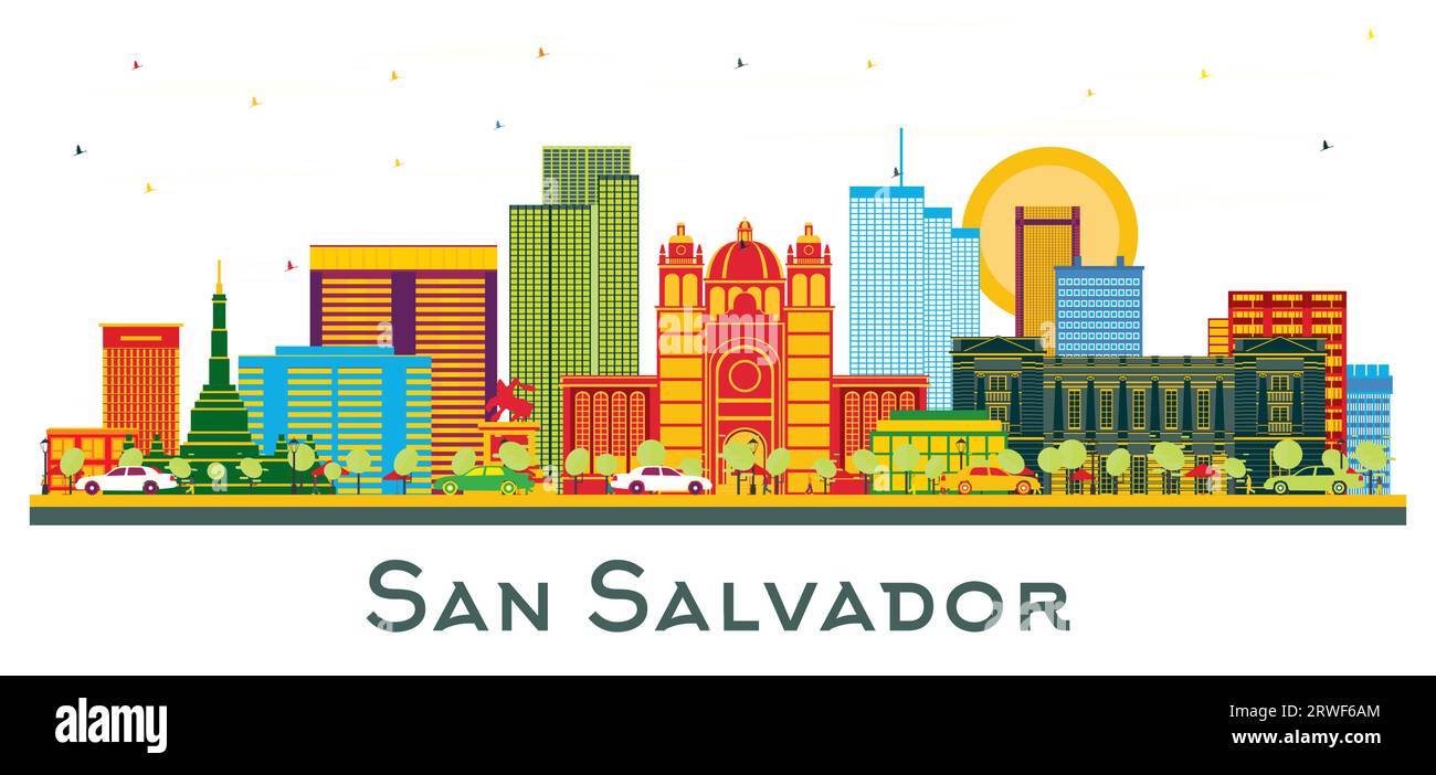 Skyline della città di San Salvador con edifici colorati isolati su bianco. Illustrazione vettoriale. Business Travel and Tourism Concept con architettura moderna. Illustrazione Vettoriale