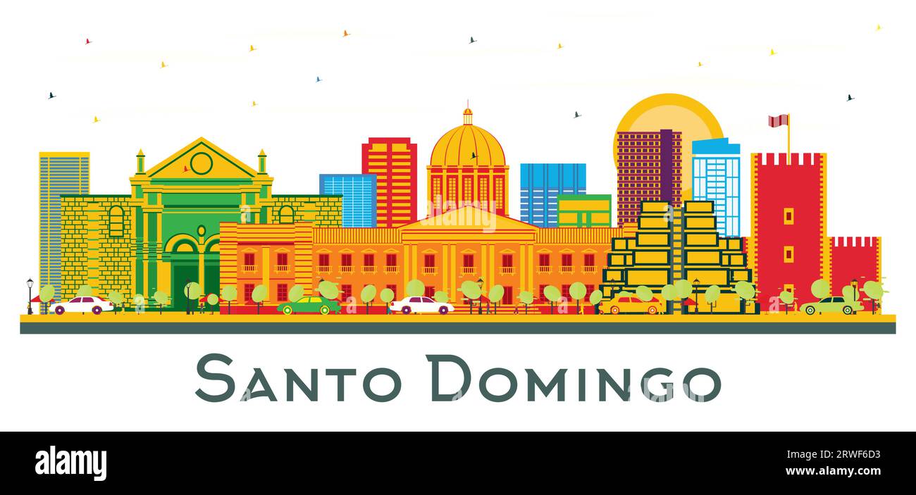 Santo Domingo skyline della Repubblica Dominicana con edifici colorati isolati su bianco. Illustrazione vettoriale. Concetto turistico con architettura moderna. Illustrazione Vettoriale