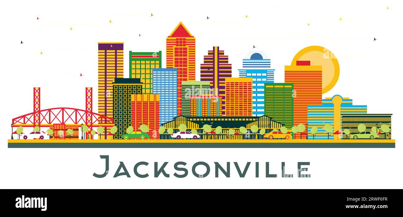 Profilo di Jacksonville, Florida, con edifici colorati isolati su bianco. Illustrazione vettoriale. Business Travel and Tourism Concept con architettura moderna Illustrazione Vettoriale