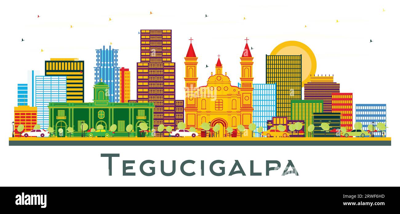 Skyline della città di Tegucigalpa Honduras con edifici colorati isolati su bianco. Illustrazione vettoriale. Business Travel and Tourism Concept. Illustrazione Vettoriale