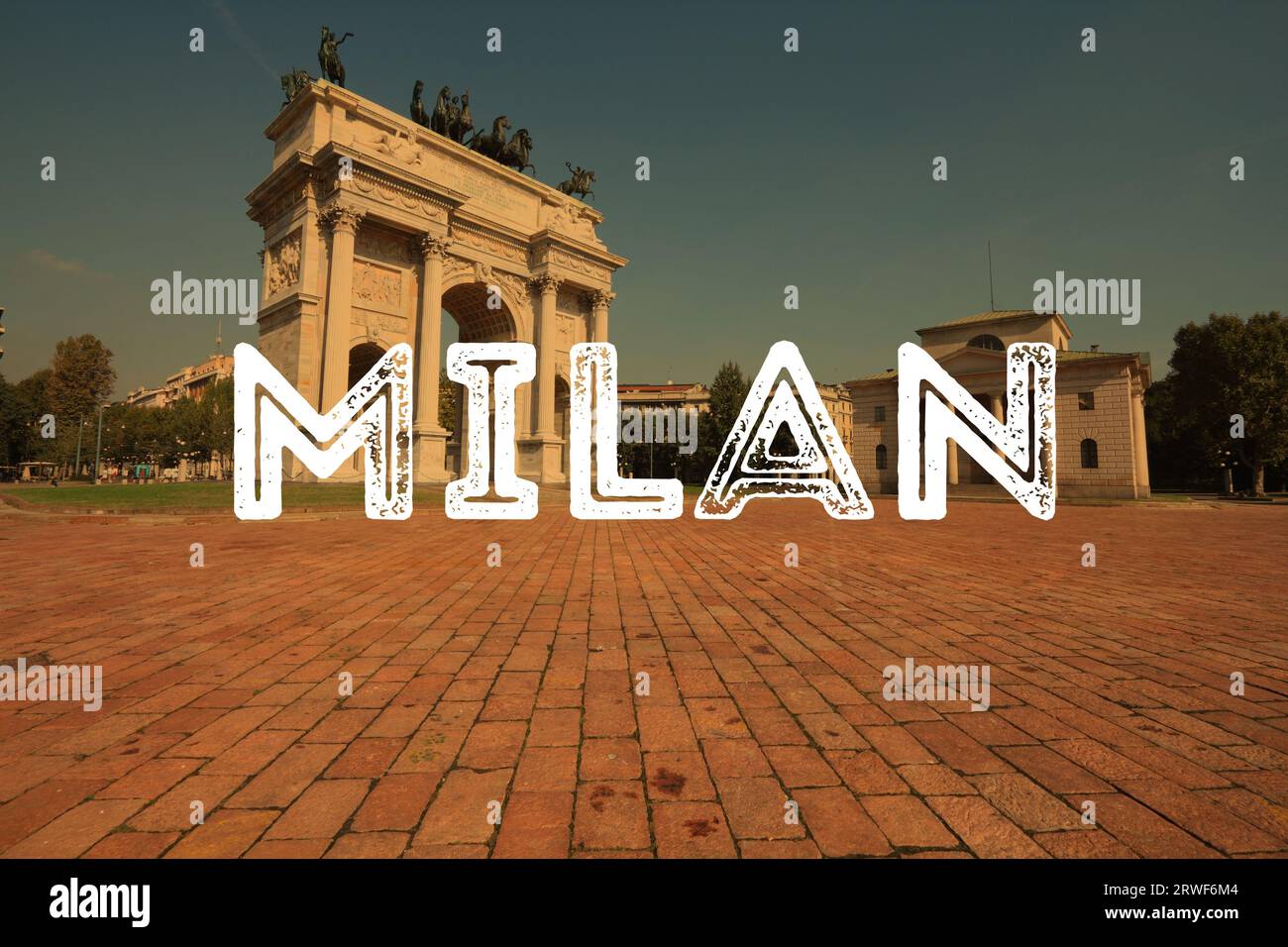 Milano, Italia. Nome città cartolina fotografica fantastica. Scheda testuale destinazione di viaggio. Foto Stock