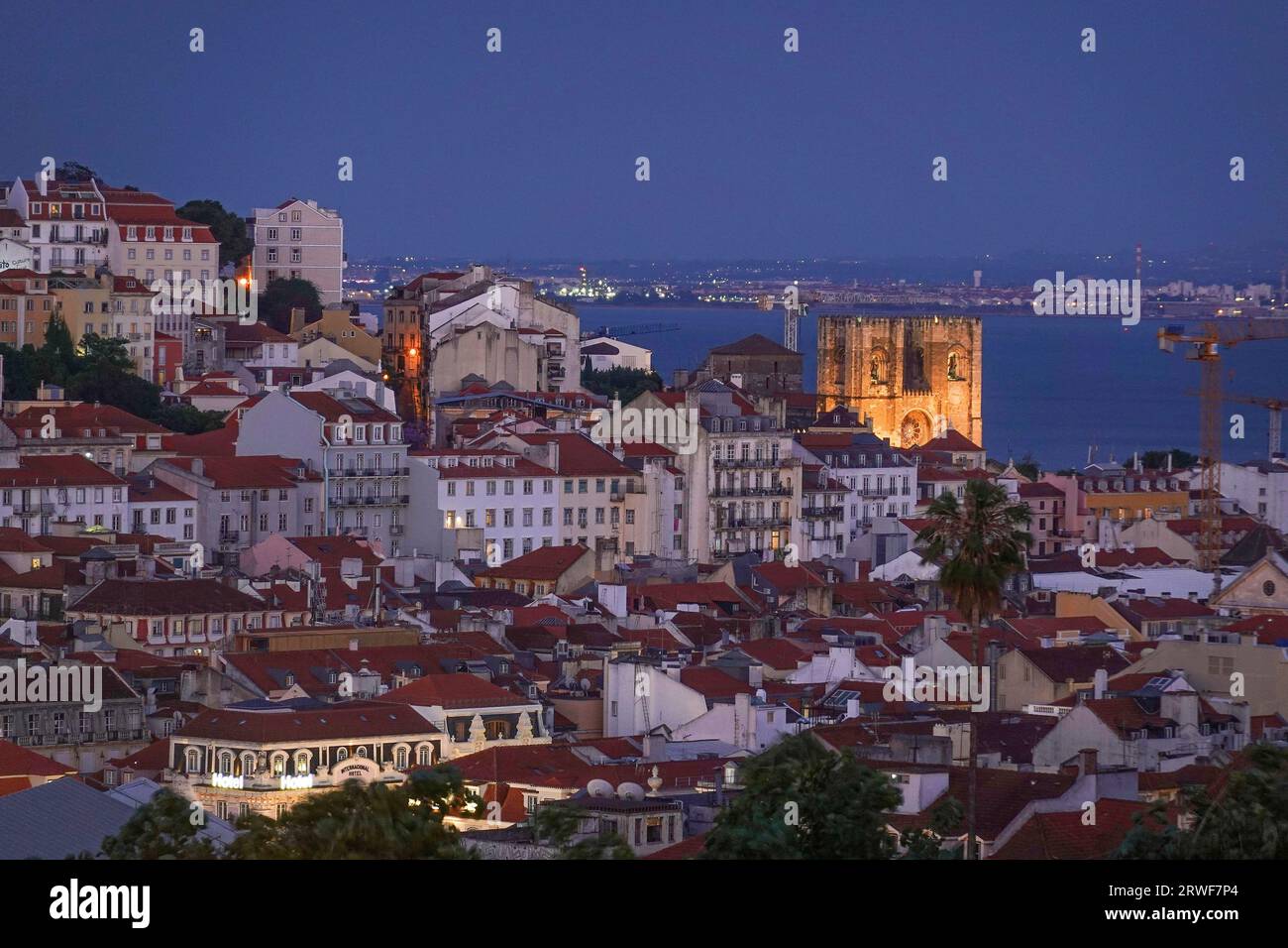 Portogallo, Lisbona, viste panoramiche notturne del quartiere Alfama dal giardino Miraduro San Pedro de Alcantara foto © Fabio Mazzarella/sintesi/Alam Foto Stock