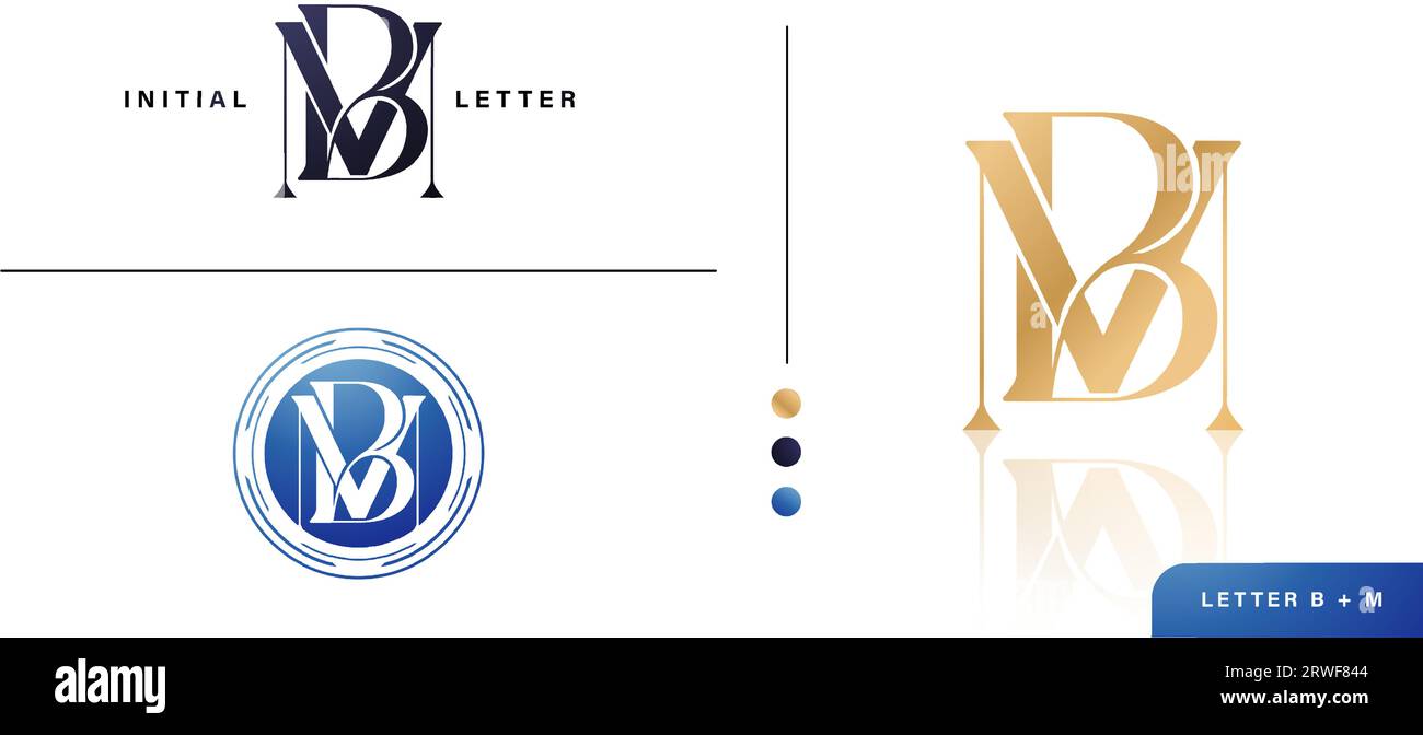 Set di BM o MB Monogram Initial Letter Logo Design con colori oro e blu per materiale pubblicitario, collage stampati, campagne pubblicitarie di marketing Illustrazione Vettoriale