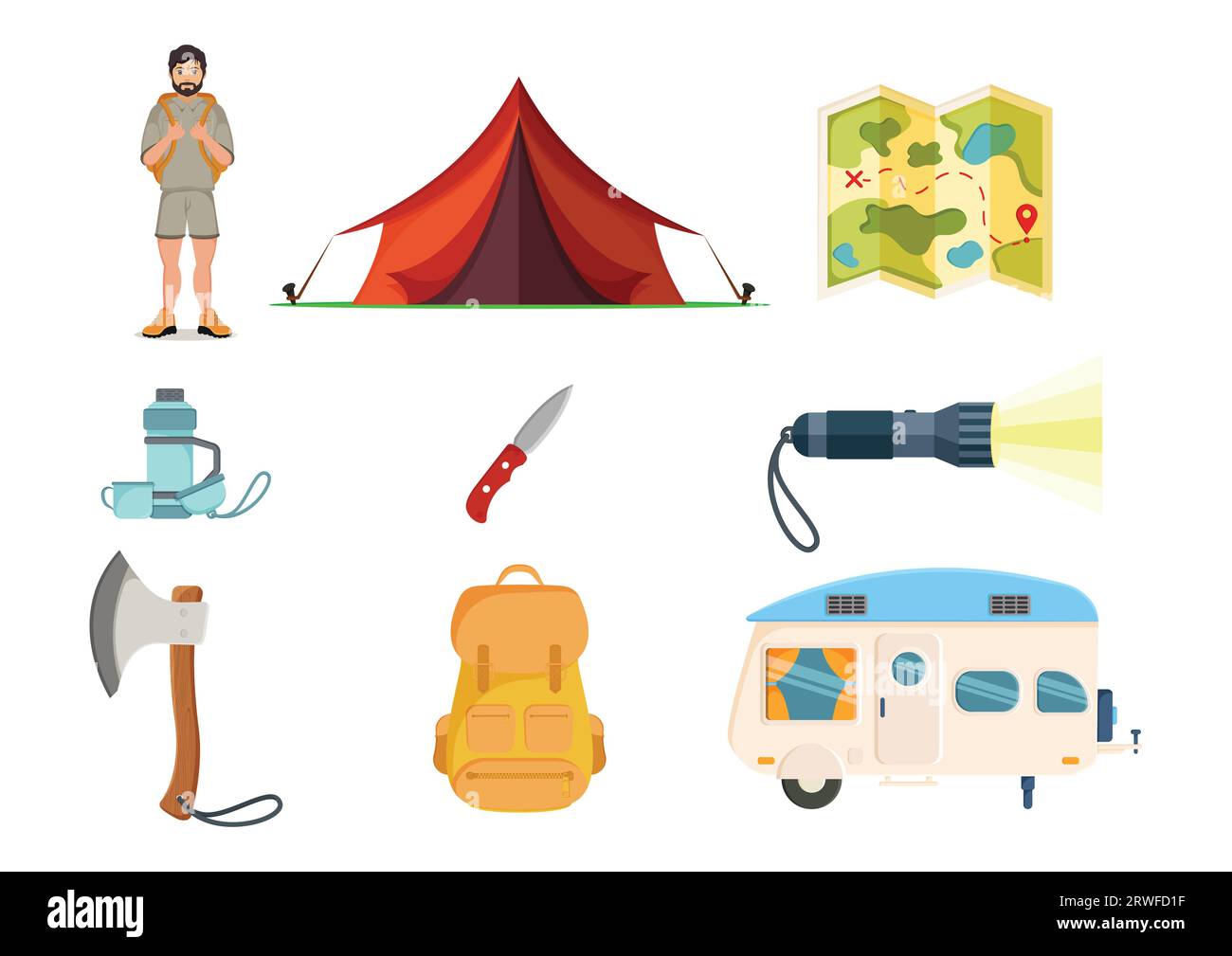 Set di oggetti da campeggio e strumenti per escursioni a piedi illustrazioni vettoriali Illustrazione Vettoriale