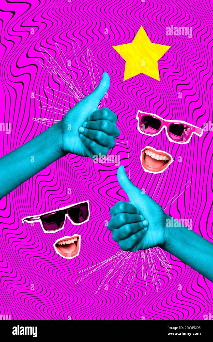 Collage verticale di persone senza volto indossa occhiali da sole che ride bocca mani blu pollice su come simbolo isolato su sfondo illusorio rosa Foto Stock
