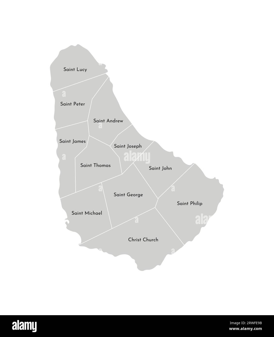 Illustrazione vettoriale isolata della mappa amministrativa semplificata delle Barbados. Confini e nomi delle parrocchie (regioni). Silhouette grigie. Outlin bianco Illustrazione Vettoriale