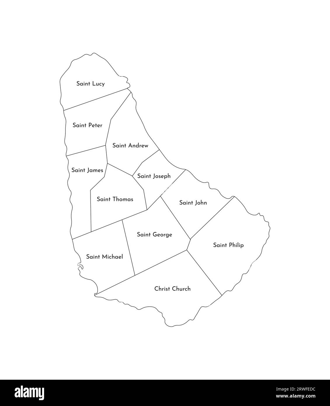 Illustrazione vettoriale isolata della mappa amministrativa semplificata delle Barbados. Confini e nomi delle parrocchie. Silhouette nere. Illustrazione Vettoriale