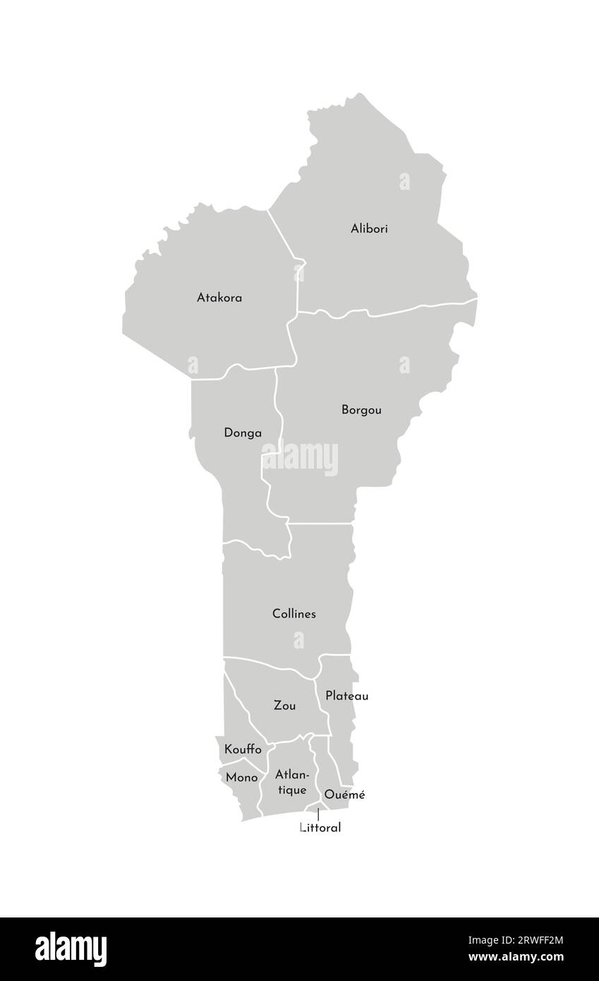 Illustrazione vettoriale isolata della mappa amministrativa semplificata del Benin. Confini e nomi dei dipartimenti (regioni). Silhouette grigie. Outlin bianco Illustrazione Vettoriale