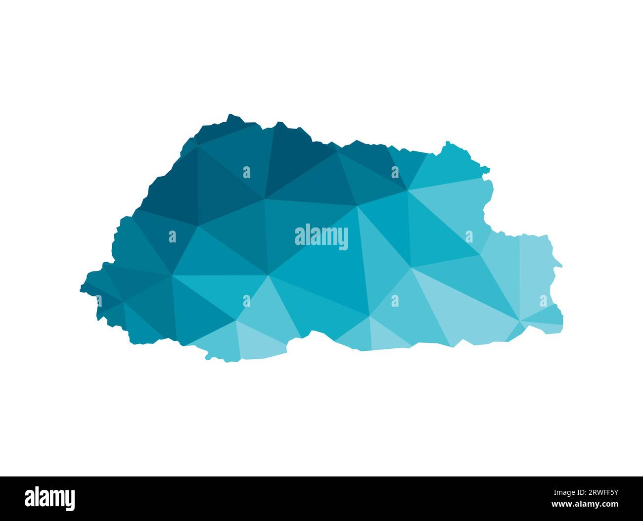 Icona di illustrazione vettoriale isolata con silhouette blu semplificata della mappa del Bhutan. Stile geometrico poligonale, forme triangolari. Sfondo bianco. Illustrazione Vettoriale