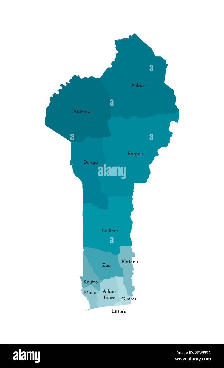 Illustrazione vettoriale isolata della mappa amministrativa semplificata del Benin. Confini e nomi dei dipartimenti (regioni). Silhouette kaki blu colorata Illustrazione Vettoriale