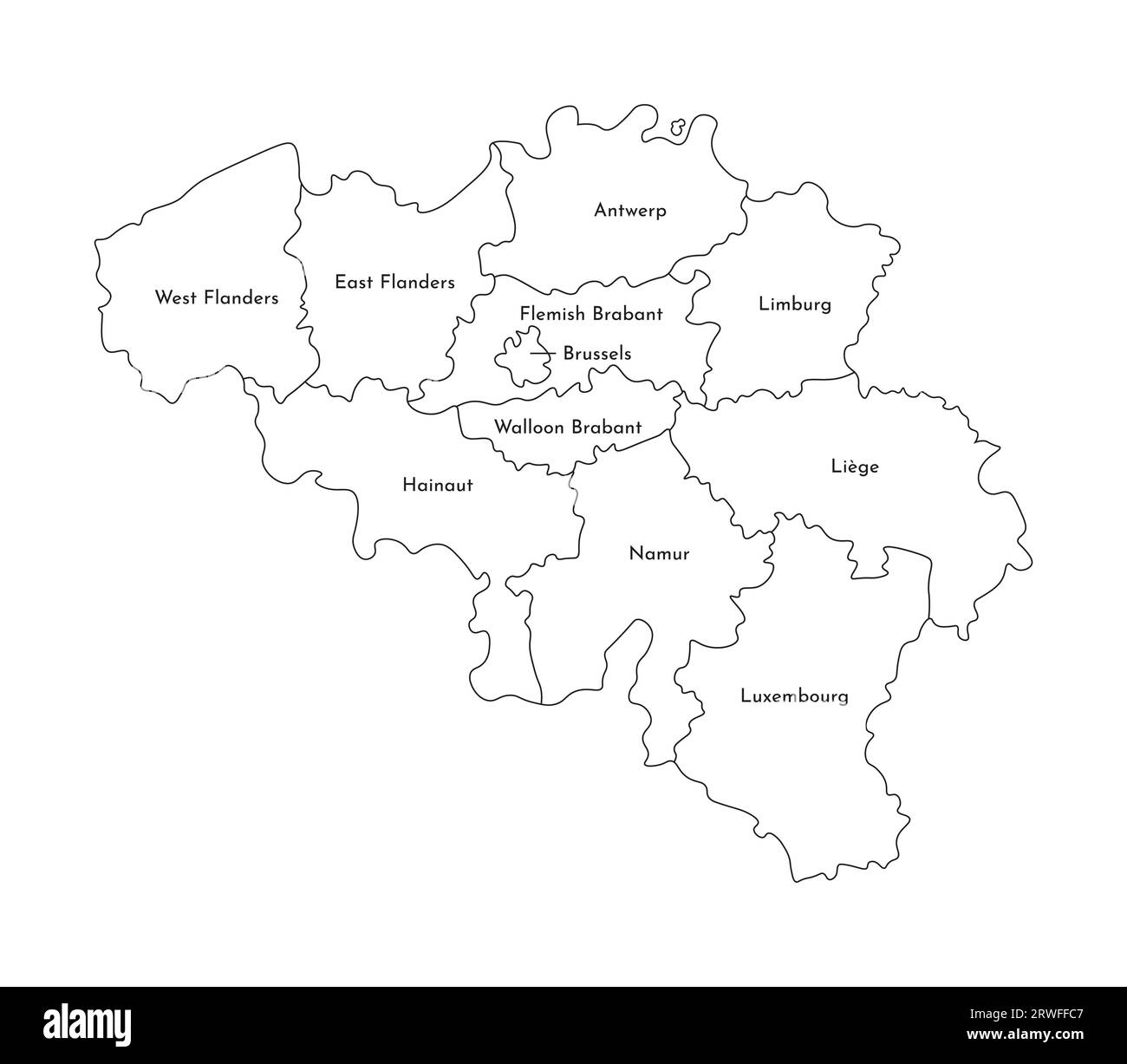 Illustrazione vettoriale isolata della mappa amministrativa semplificata del Belgio. Confini e nomi delle regioni. Silhouette nere. Illustrazione Vettoriale