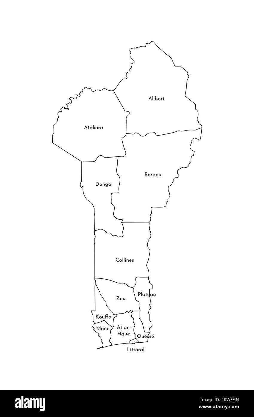 Illustrazione vettoriale isolata della mappa amministrativa semplificata del Benin. Confini e nomi dei dipartimenti (regioni). Silhouette kaki blu colorata Illustrazione Vettoriale