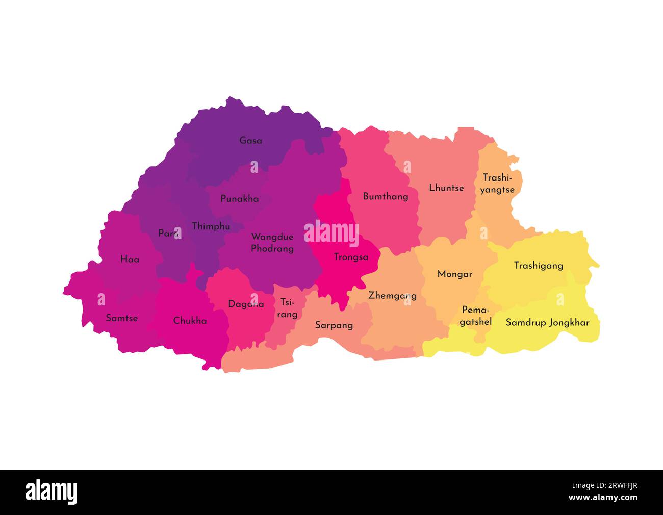 Illustrazione vettoriale isolata della mappa amministrativa semplificata del Bhutan. Confini e nomi delle regioni. Silhouette multicolore. Illustrazione Vettoriale