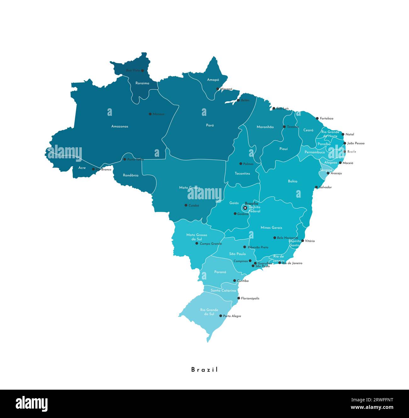 Illustrazione vettoriale moderna isolata. Mappa amministrativa semplificata del Brasile. Nomi delle città brasiliane (Brasília, São Paulo e così via) e brasiliane Illustrazione Vettoriale