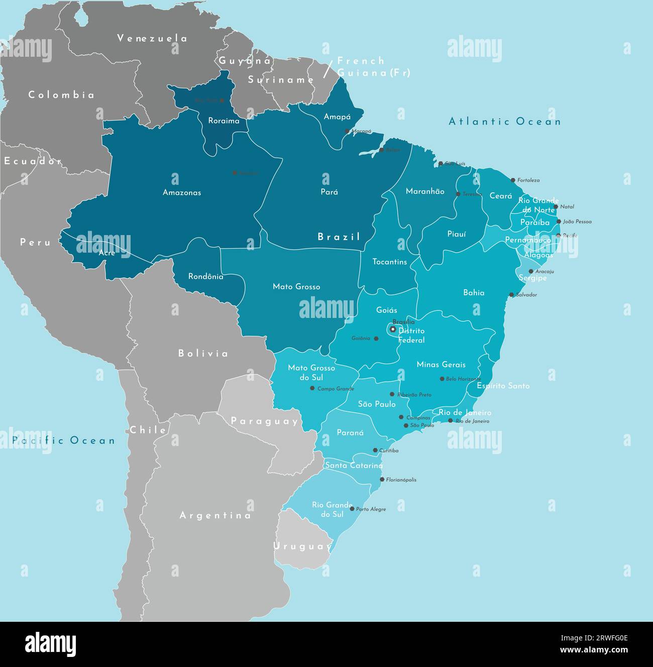 Illustrazione vettoriale moderna. Mappa geografica semplificata del Brasile e degli stati più vicini. Sfondo blu degli oceani. Nomi delle città brasiliane (Brasília, Illustrazione Vettoriale