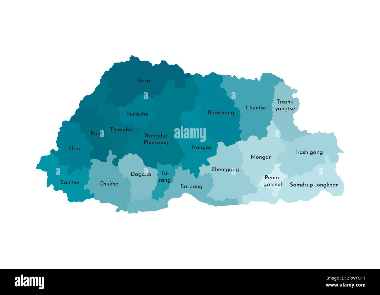 Illustrazione vettoriale isolata della mappa amministrativa semplificata del Bhutan. Confini e nomi delle regioni. Sagome kaki blu colorato Illustrazione Vettoriale